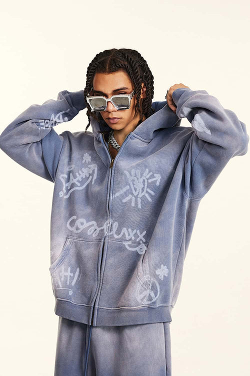 Graphic Fleece Zip-Up Hoodie - Blue
