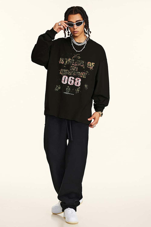 Distressed Vintage Long-Sleeve Graphic Tee - Black