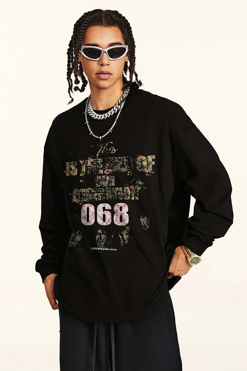 Distressed Vintage Long-Sleeve Graphic Tee - Black