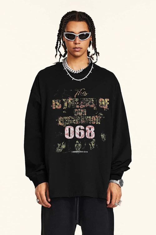 Distressed Vintage Long-Sleeve Graphic Tee - Black