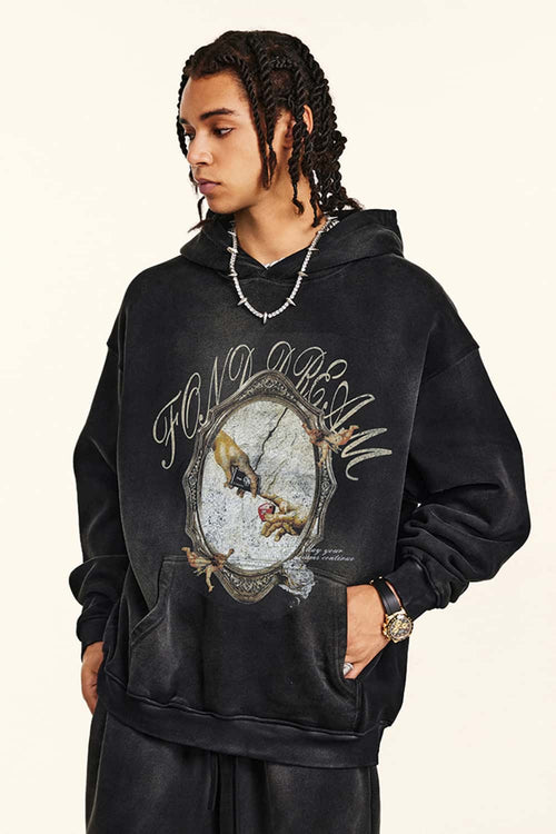 Vintage Washed Heavyweight Graphic Hoodie - Black
