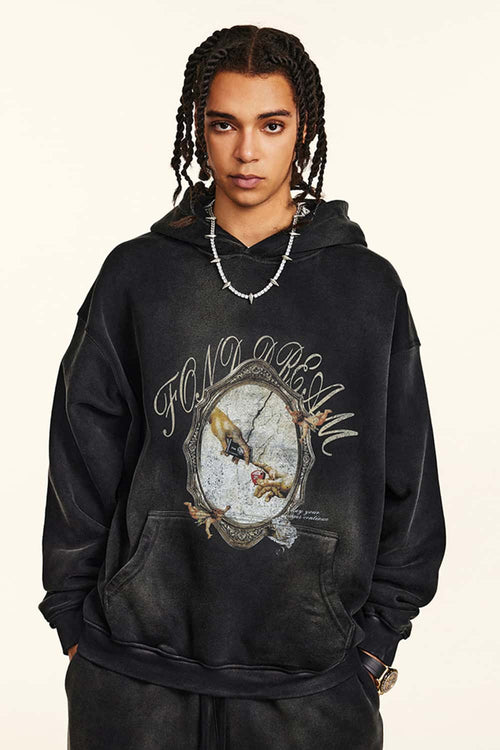 Vintage Washed Heavyweight Graphic Hoodie - Black