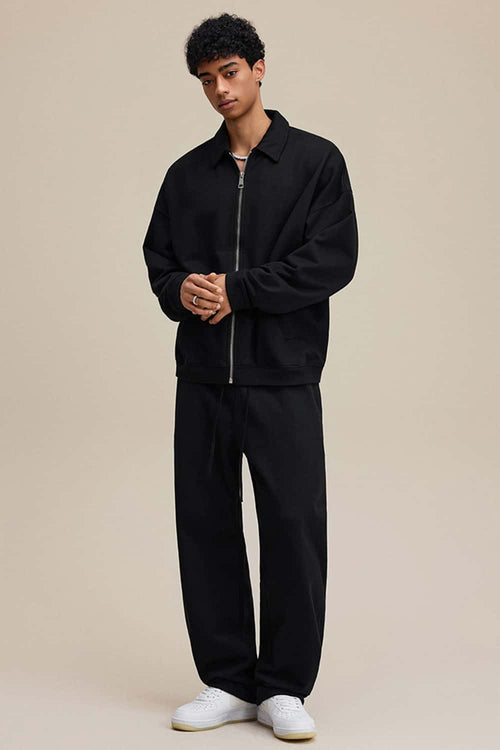 Heavyweight Collared Sweatshirt Jacket - Active Black