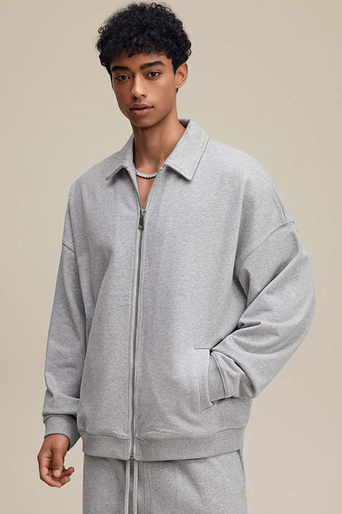 Heavyweight Collared Sweatshirt Jacket - Flower Gray