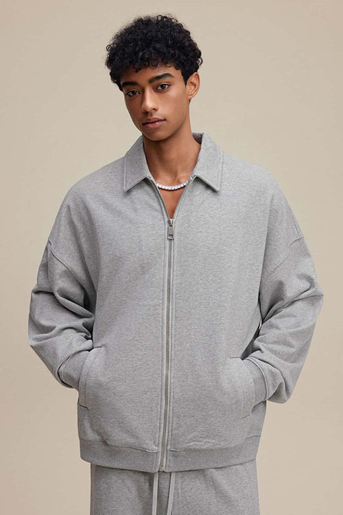 Heavyweight Collared Sweatshirt Jacket - Flower Gray