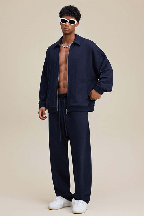 Heavyweight Collared Sweatshirt Jacket - Navy Blue