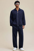 Heavyweight Collared Sweatshirt Jacket - Navy Blue