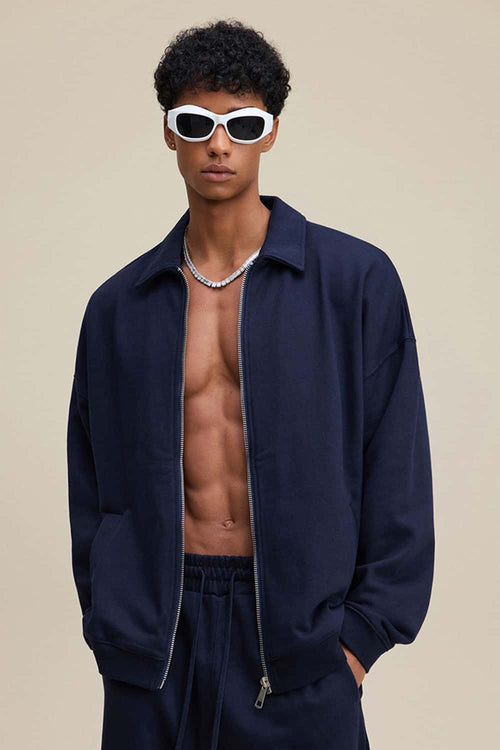 Heavyweight Collared Sweatshirt Jacket - Navy Blue
