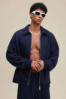 Heavyweight Collared Sweatshirt Jacket - Navy Blue
