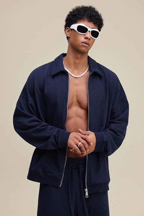 Heavyweight Collared Sweatshirt Jacket - Navy Blue