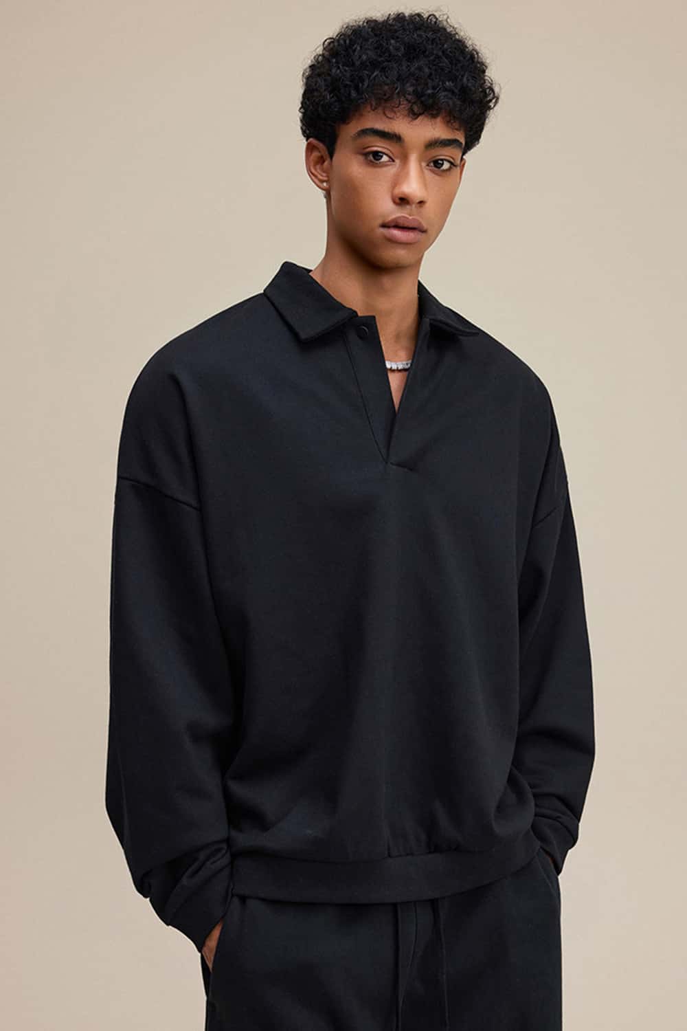 Solid Color Polo Collar Sweatshirt Pullover
