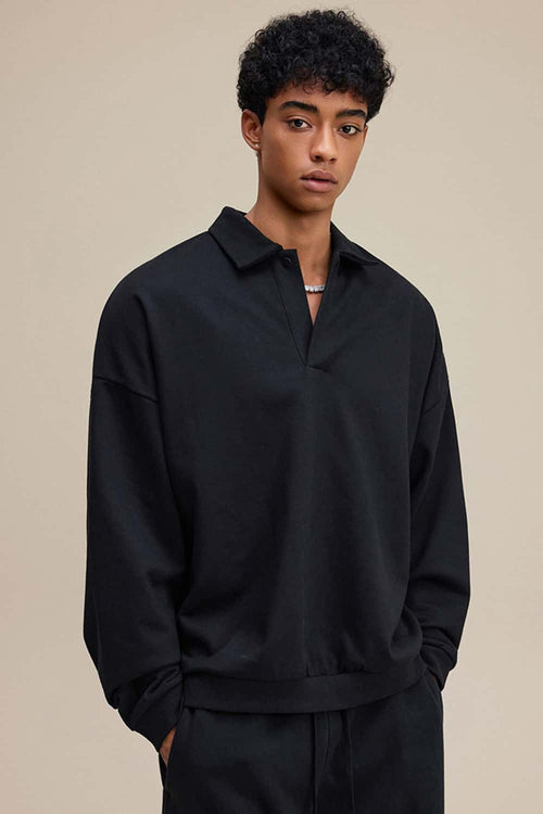 Premium Cotton Blend Collared Sweatshirt - Active Black