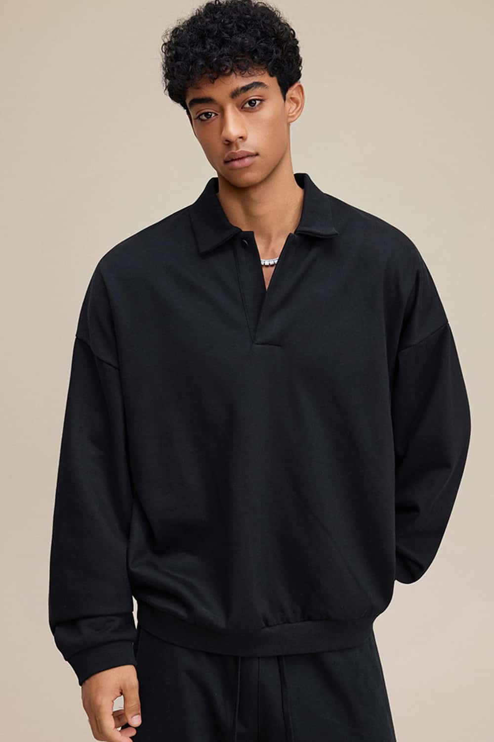 Solid Color Polo Collar Sweatshirt Pullover