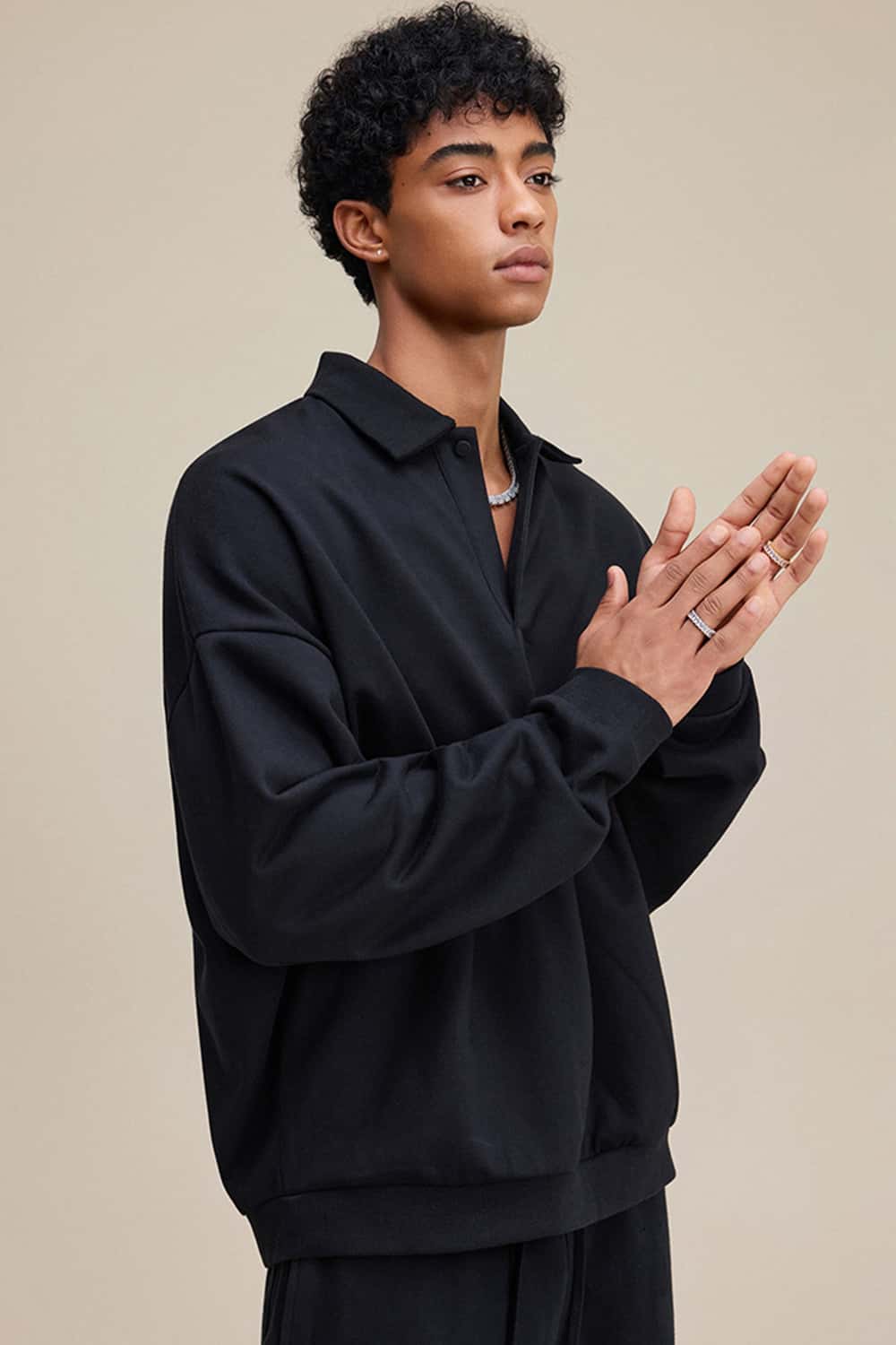 Solid Color Polo Collar Sweatshirt Pullover
