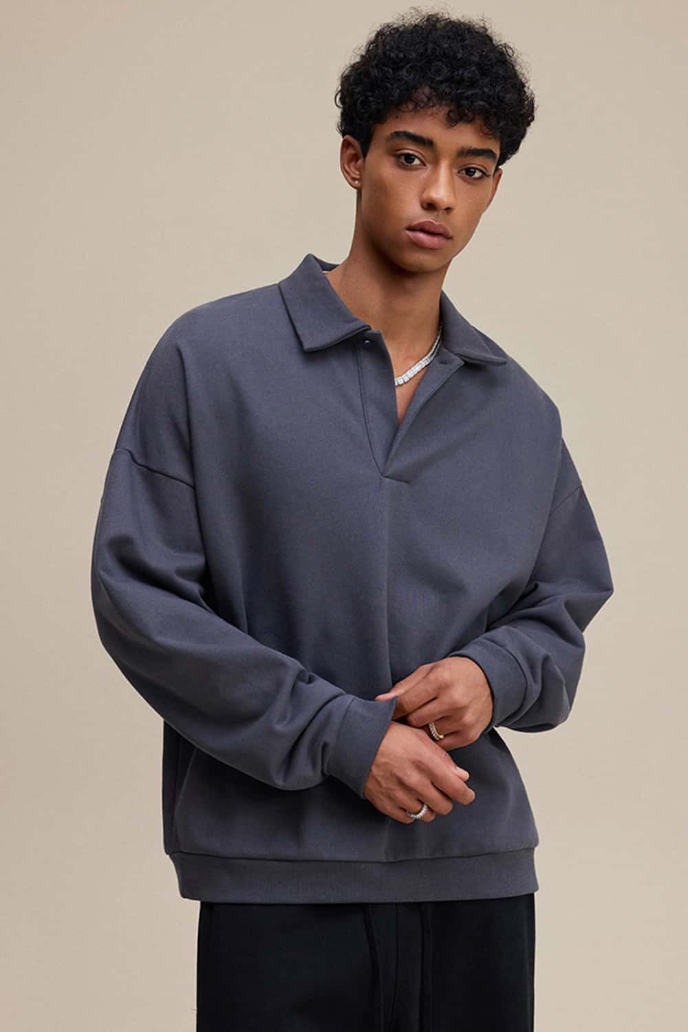 Solid Color Polo Collar Sweatshirt Pullover