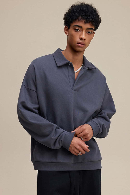 Premium Cotton Blend Collared Sweatshirt - Charcoal
