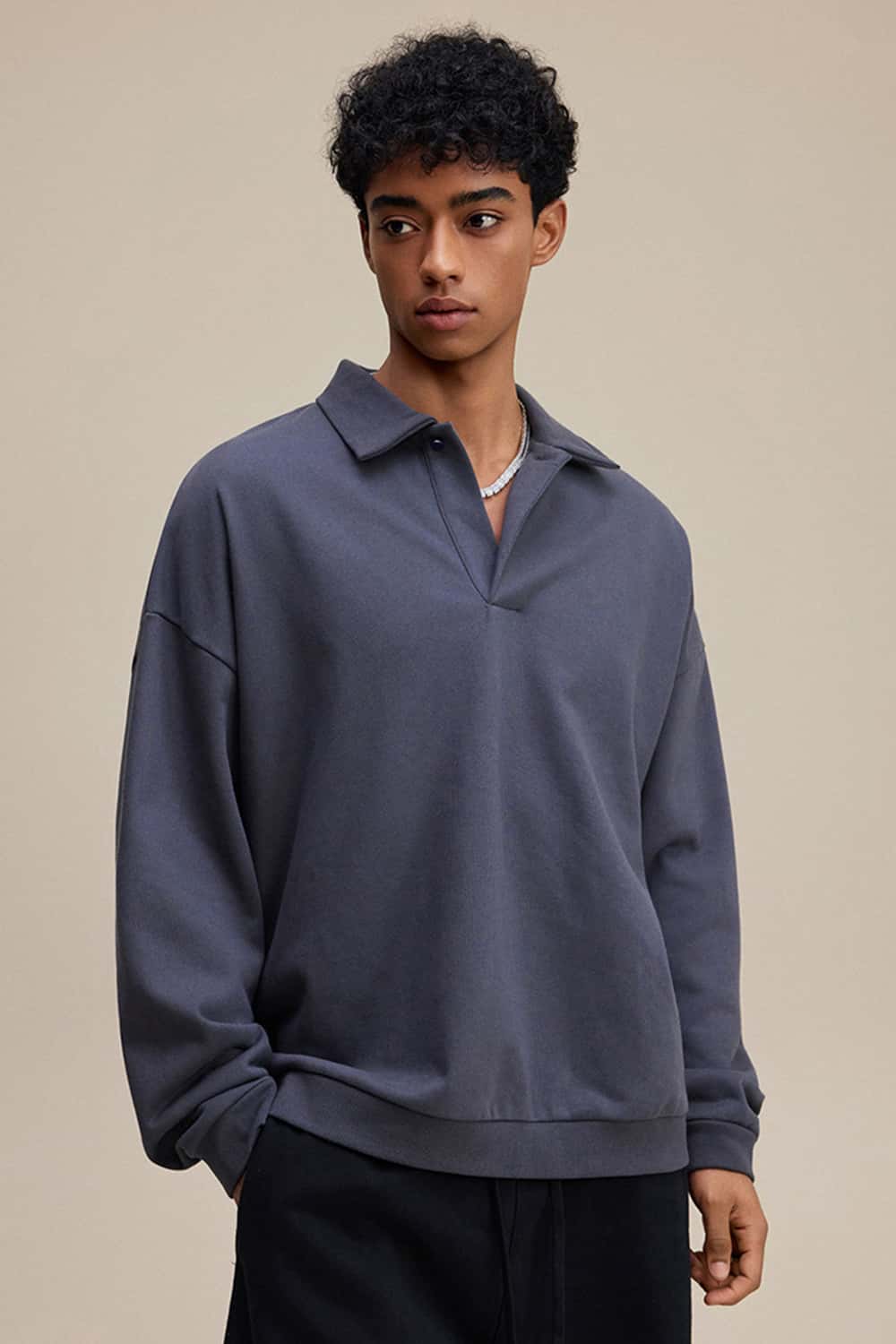Solid Color Polo Collar Sweatshirt Pullover