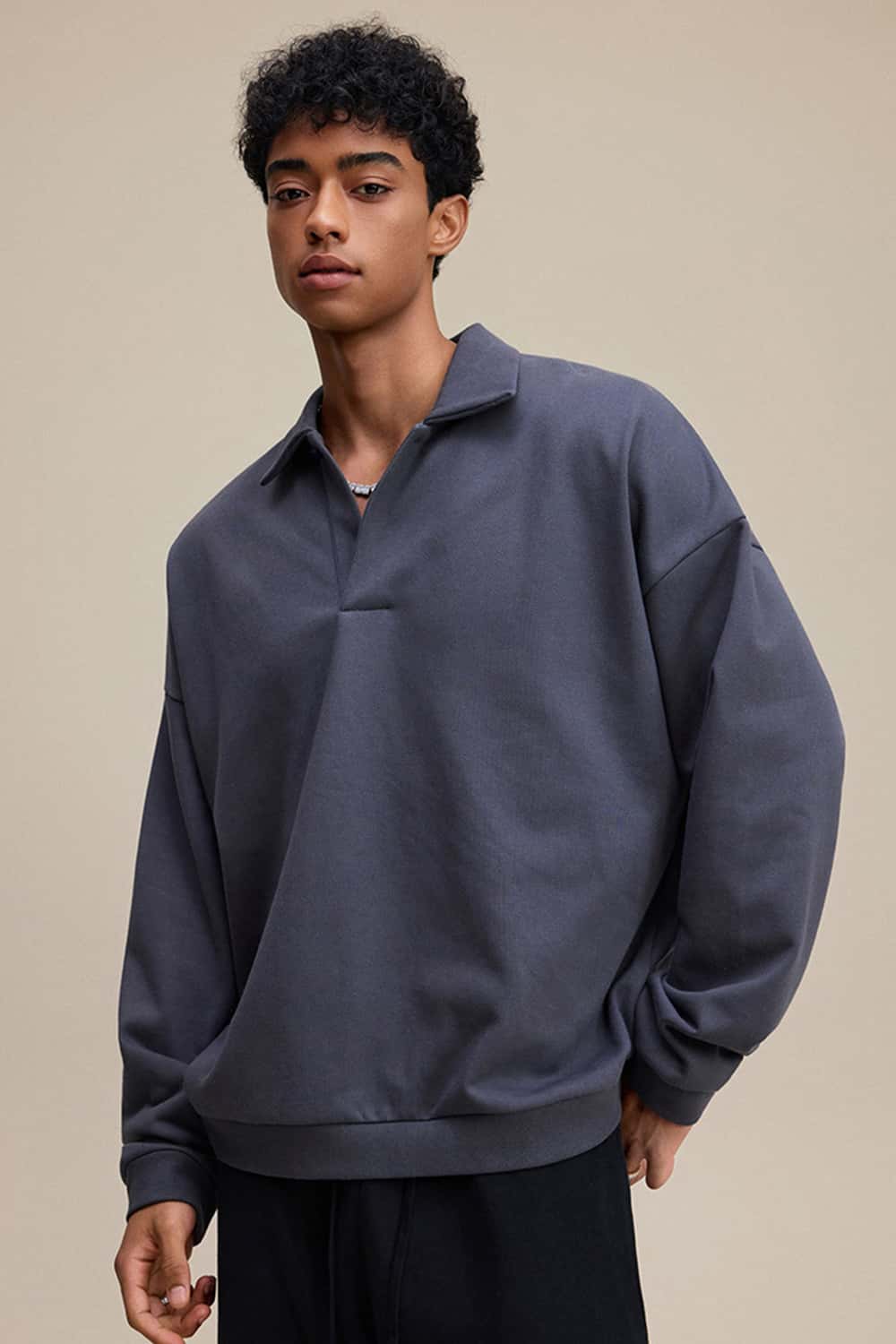 Solid Color Polo Collar Sweatshirt Pullover