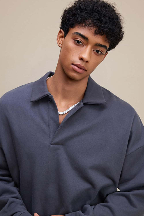 Premium Cotton Blend Collared Sweatshirt - Charcoal