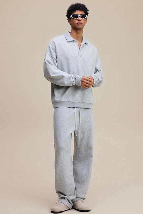 Premium Cotton Blend Collared Sweatshirt - Flower Gray
