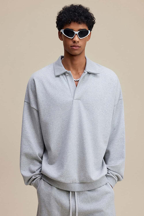 Premium Cotton Blend Collared Sweatshirt - Flower Gray