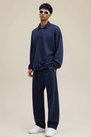 Premium Cotton Blend Collared Sweatshirt - Navy Blue