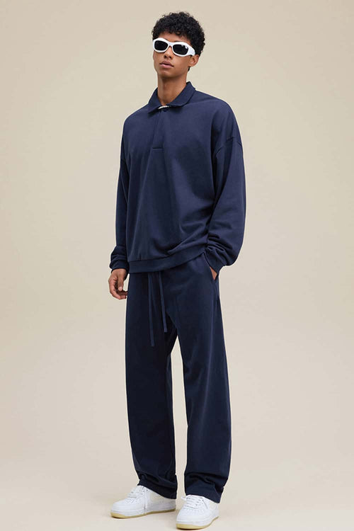 Premium Cotton Blend Collared Sweatshirt - Navy Blue