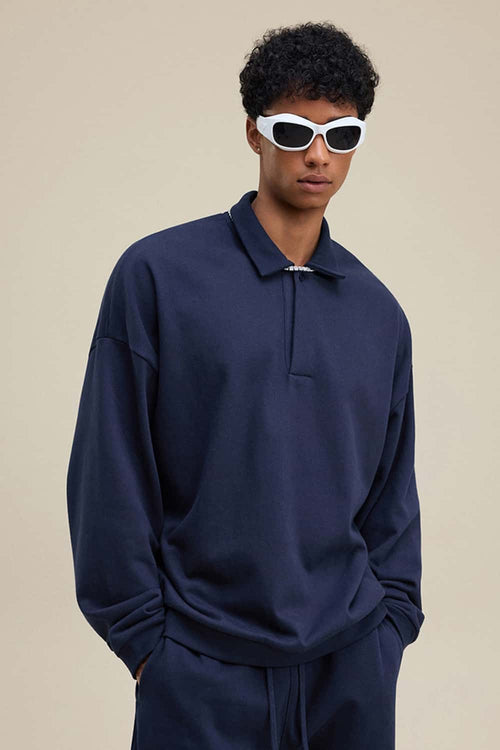 Premium Cotton Blend Collared Sweatshirt - Navy Blue