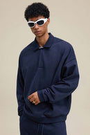 Premium Cotton Blend Collared Sweatshirt - Navy Blue