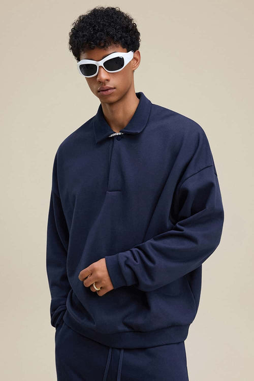 Premium Cotton Blend Collared Sweatshirt - Navy Blue