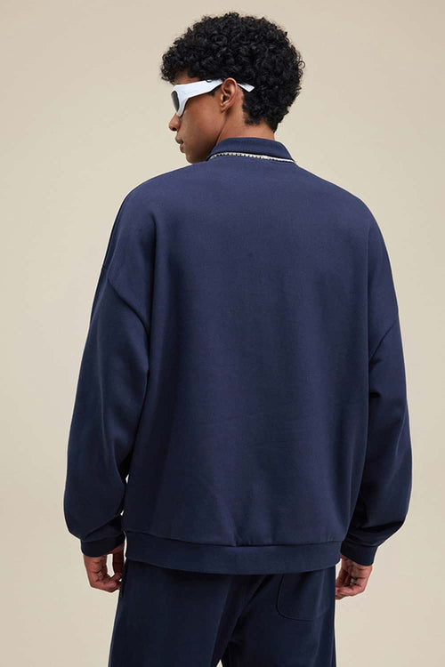 Premium Cotton Blend Collared Sweatshirt - Navy Blue