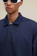 Premium Cotton Blend Collared Sweatshirt - Navy Blue