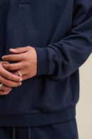 Premium Cotton Blend Collared Sweatshirt - Navy Blue