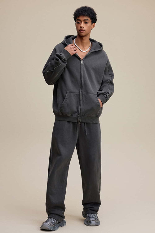 Distressed Fleece Straight-Leg Pants - Dark Gray