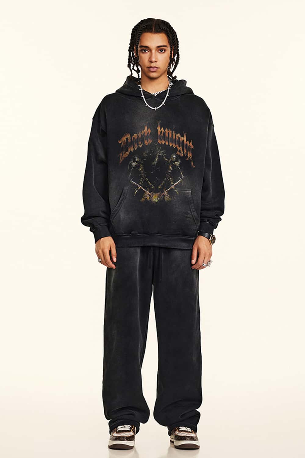 "Dark Knight" Washed Black Graphic Hoodie