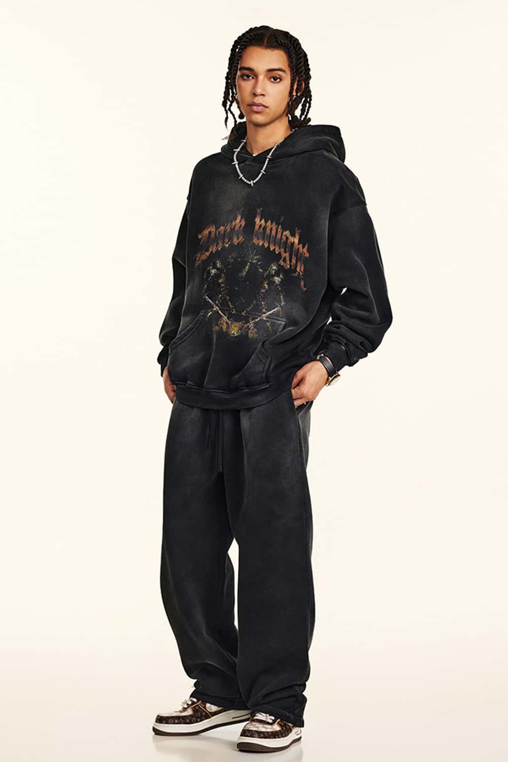 "Dark Knight" Washed Black Graphic Hoodie
