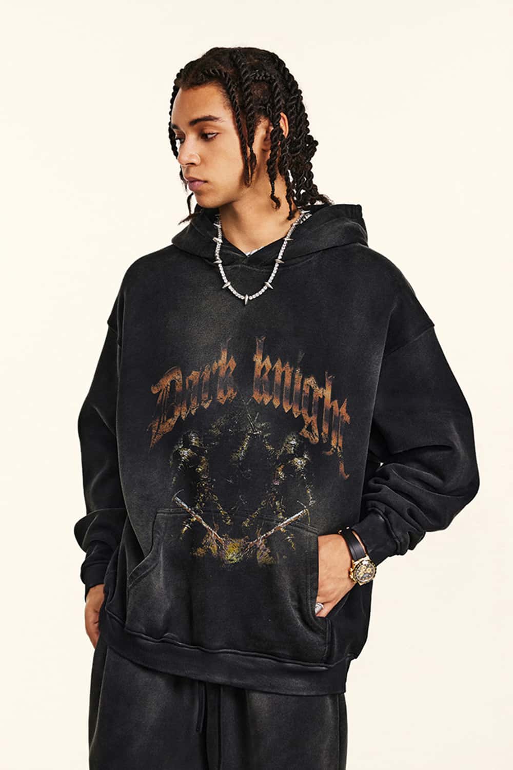 "Dark Knight" Washed Black Graphic Hoodie