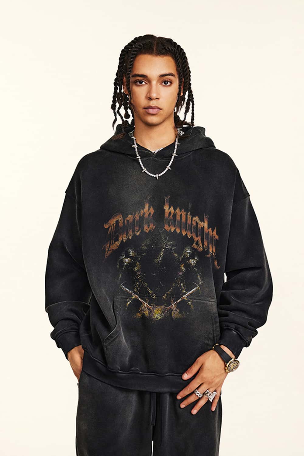 "Dark Knight" Washed Black Graphic Hoodie