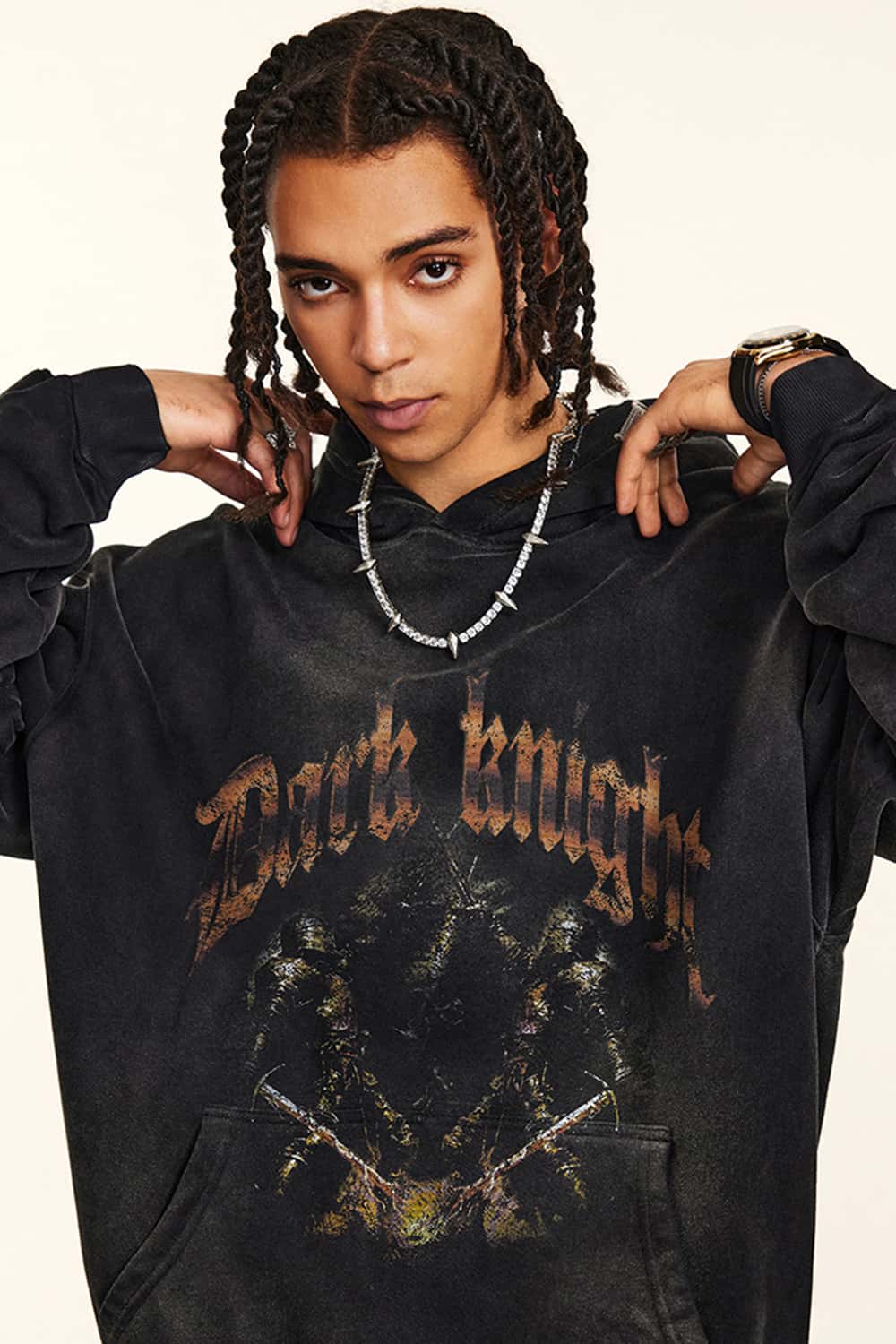 "Dark Knight" Washed Black Graphic Hoodie