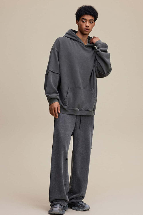 Heavyweight Distressed Layered Fleece Hoodie - Dark Gray