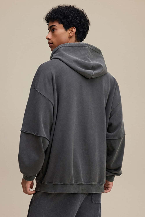 Heavyweight Distressed Layered Fleece Hoodie - Dark Gray