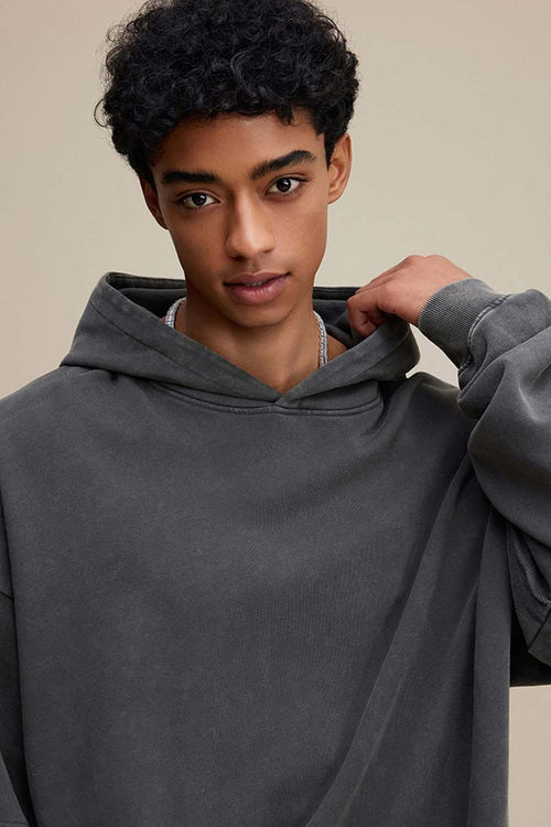 Heavyweight Distressed Layered Fleece Hoodie - Dark Gray