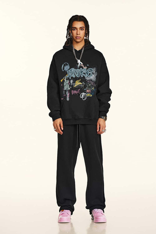 Vintage Graphic Pullover Hoodie - Black
