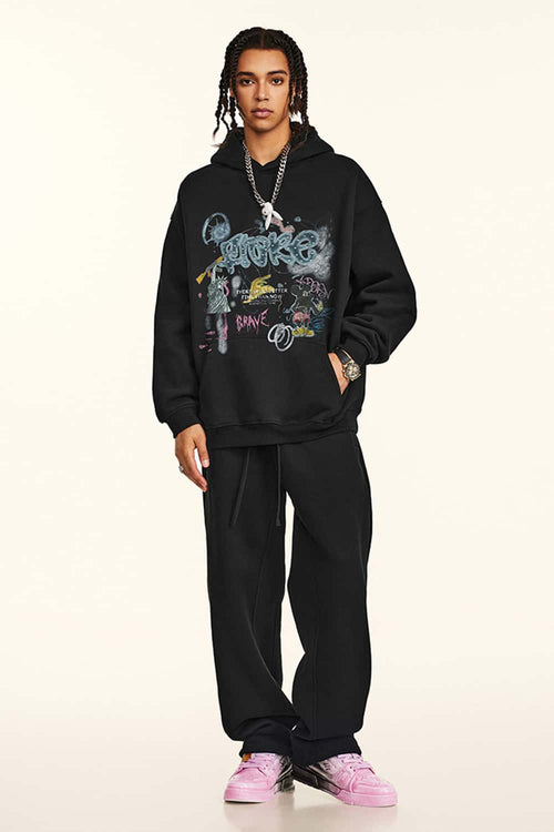 Vintage Graphic Pullover Hoodie - Black