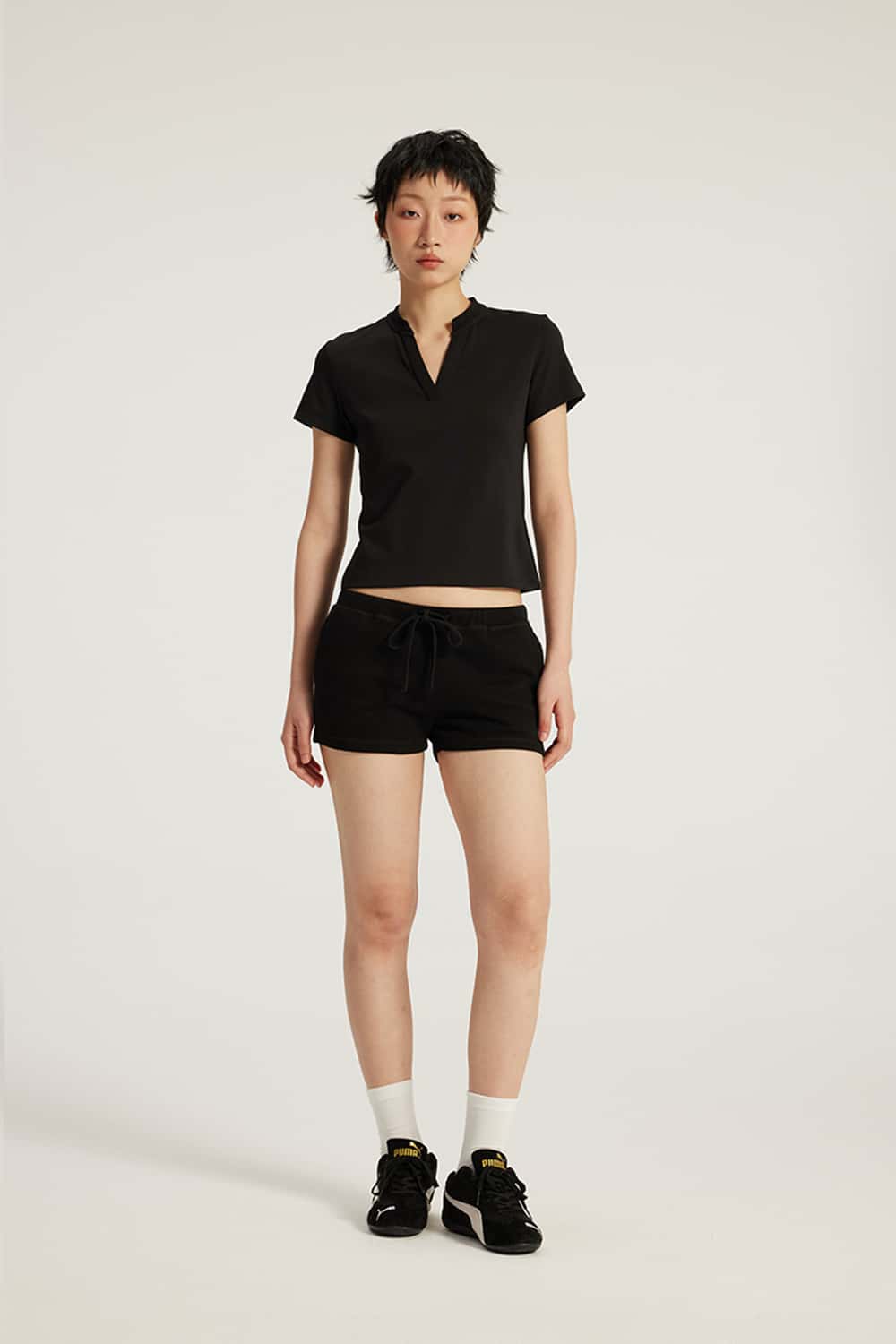 Drawstring Low-Rise Stretch Mini Shorts _ Solid Color
