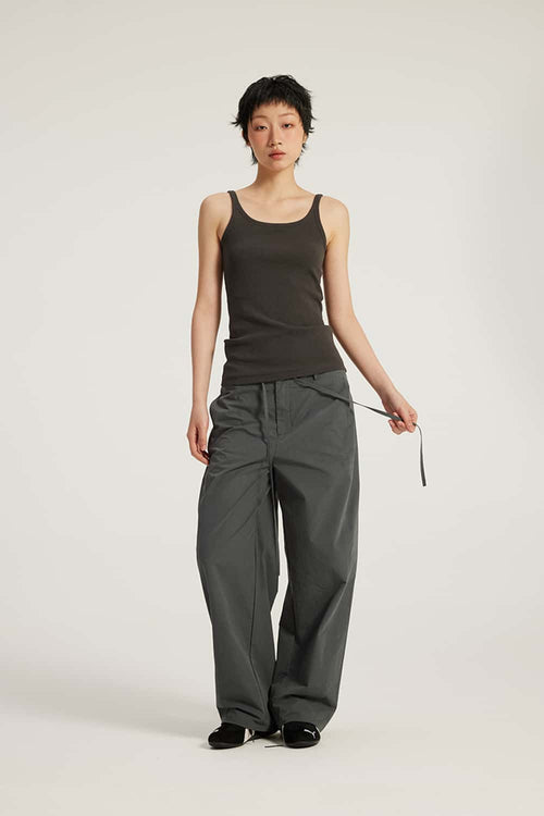 Retro Cotton Curved Cargo Pants - Dark Gray