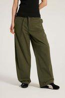 Retro Cotton Curved Cargo Pants - Olive