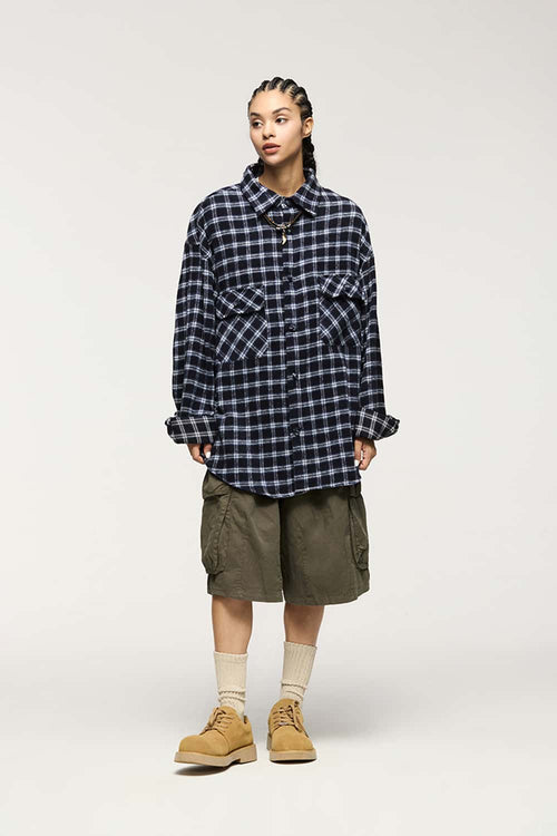 Vintage Frog-Button Checked Shirt Jacket - Blue
