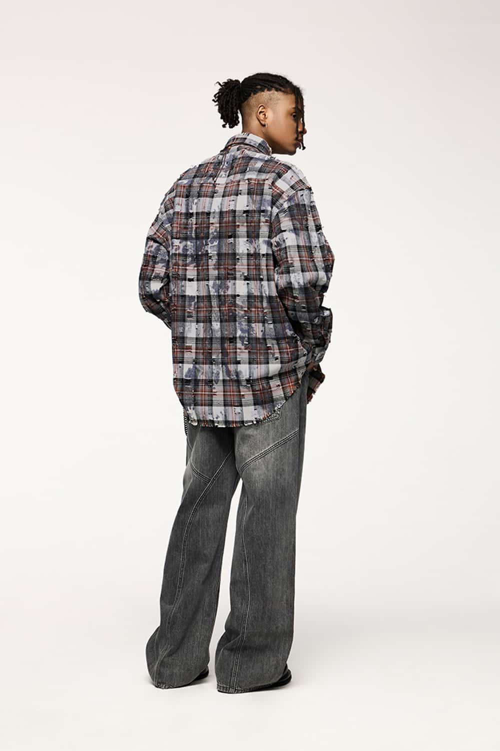 Distressed Plaid Shirt Jacket with Irregular Raw Edges