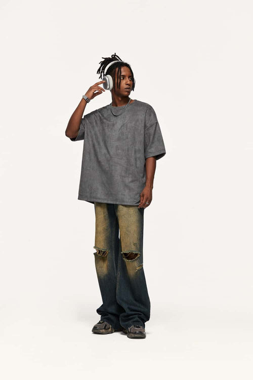Heavyweight Faux-Suede Short Sleeve Tee - Dark Gray